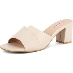 Greatonu Heeled Sandals Square Toe Sandals Slip On Chunky Block Mule